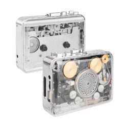 Transparent portable cassette tape player with USB to MP3 converter, front view