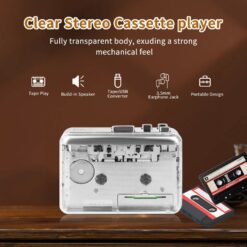 Clear stereo cassette player with fully transparent body showing the mechanical structure and built-in speaker
