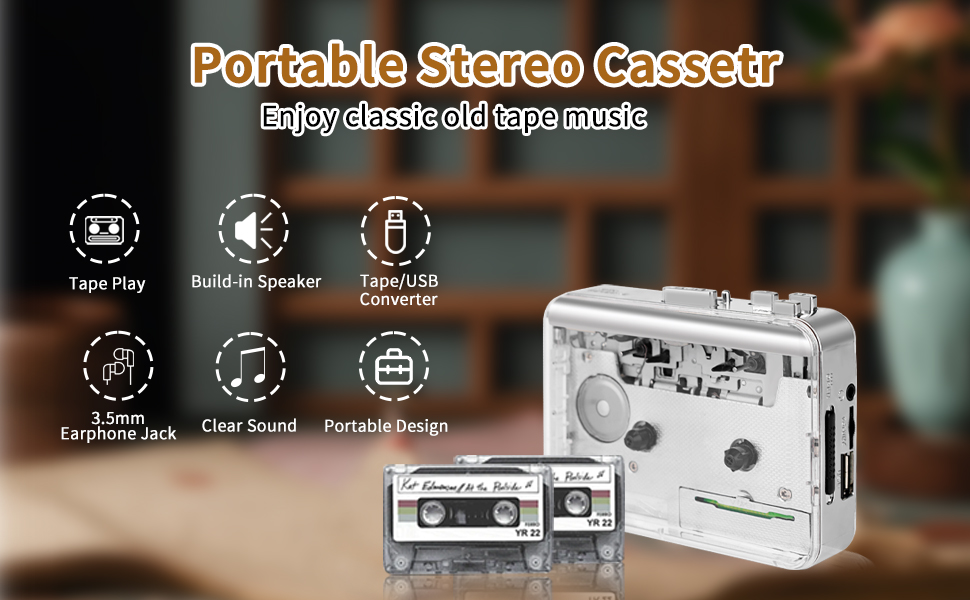 Portable stereo cassette player: tape play, built-in speaker, tape/USB converter, 3.5mm earphone jack, clear sound and portable design