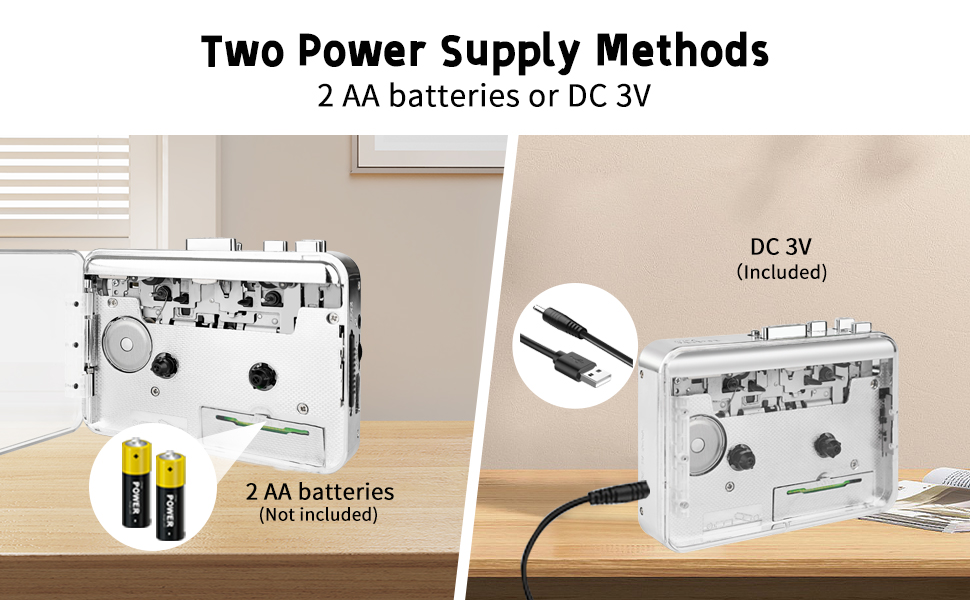 Two power supply methods: 2 AA batteries or DC 3V power cable