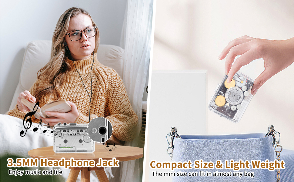 3.5mm headphone jack plus a compact, lightweight design that fits in almost any bag