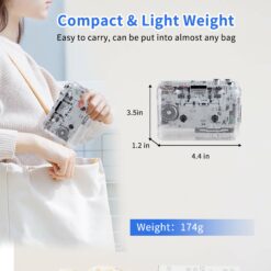 Compact and lightweight cassette tape player measuring 113 x 90 x 30 mm and only 174 g, easy to carry in any bag