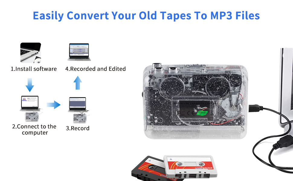 Steps to convert old tapes to MP3 files: install software, connect to the computer, record and edit