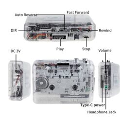 Cassette tape player controls and ports: Auto Reverse, Play, Stop, Fast Forward, Rewind, DC 3V, Type-C power and headphone jack