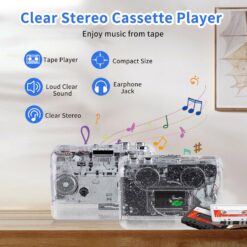 Transparent retro cassette tape player with clear stereo sound and built-in speaker