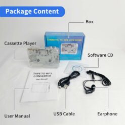 Package contents: cassette tape player, wired earphone, USB cable, software CD and user manual