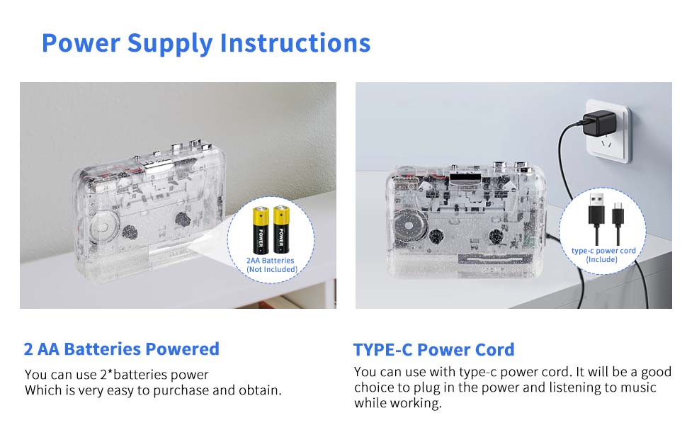 Power supply instructions for the cassette tape player: 2 AA batteries or a Type-C power cord