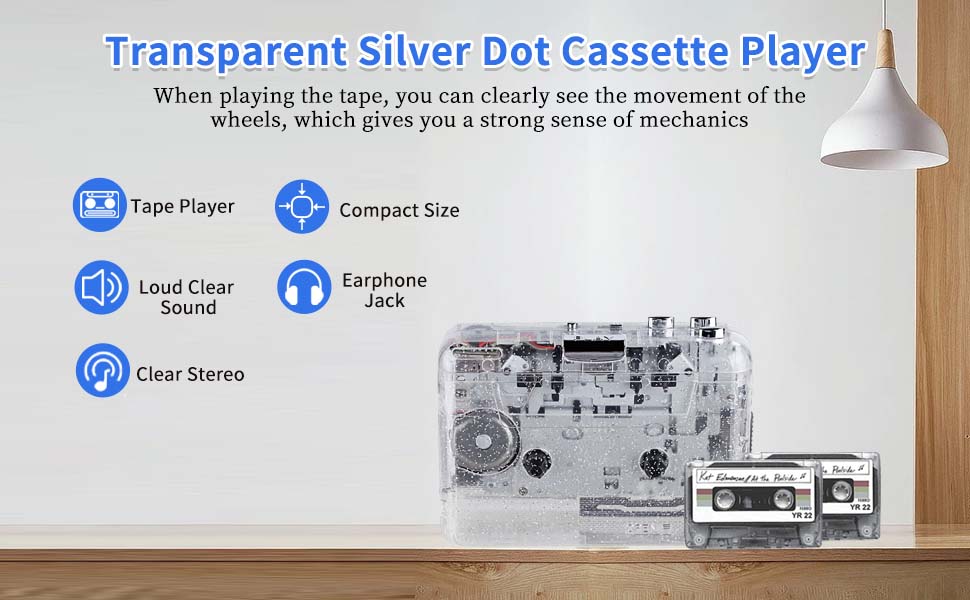 Transparent silver dot cassette tape player showing the movement of the tape wheels for a strong sense of mechanics