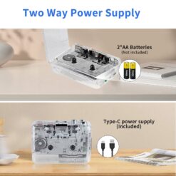 Two way power supply for the cassette tape player: 2 AA batteries (not included) or Type-C USB power supply